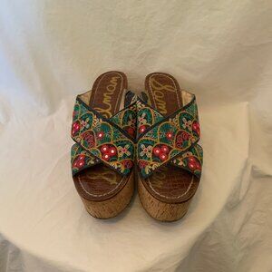 Sam Edelman Embroidered Cork Wedge Sandals – Size 11